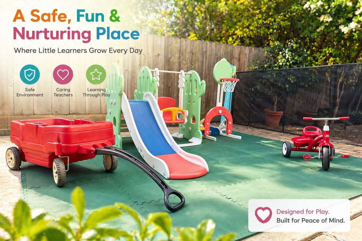 Outdoor play area with safety mat